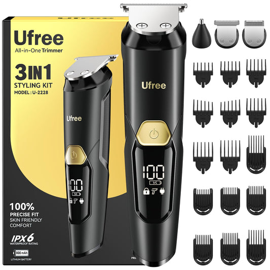 Ufree 3-in-1 Beard Trimmer for Men, Gifts for Men, IPX6 Waterproof Men's Electric Razor Shaver, Hair Mustache Trimmer Professional Clippers, Type-C Body Grooming Kit, Birthday Gifts for Him